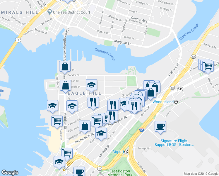 map of restaurants, bars, coffee shops, grocery stores, and more near 217 East Eagle Street in Boston