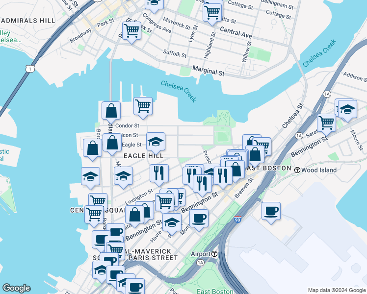 map of restaurants, bars, coffee shops, grocery stores, and more near 217 East Eagle Street in Boston