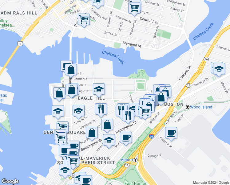 map of restaurants, bars, coffee shops, grocery stores, and more near 217 East Eagle Street in Boston