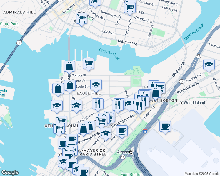 map of restaurants, bars, coffee shops, grocery stores, and more near 88R White Street in Boston
