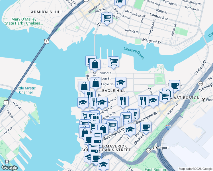 map of restaurants, bars, coffee shops, grocery stores, and more near in Boston