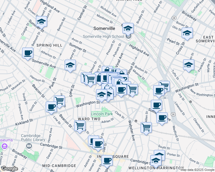 map of restaurants, bars, coffee shops, grocery stores, and more near 1 Bow Market Way in Somerville