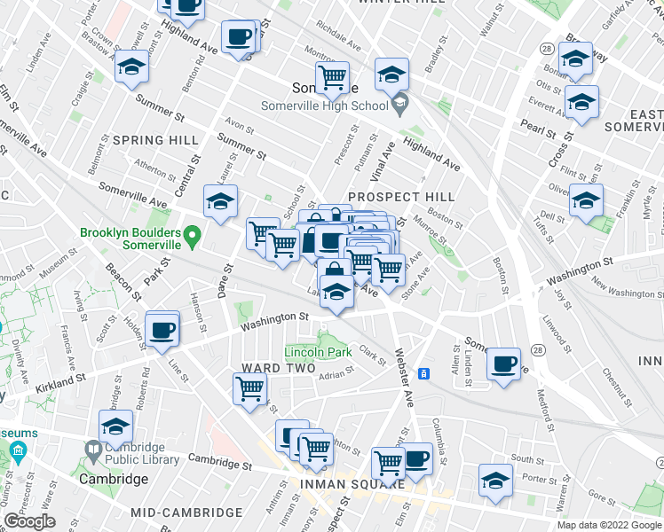 map of restaurants, bars, coffee shops, grocery stores, and more near 1 Bow Market Way in Somerville