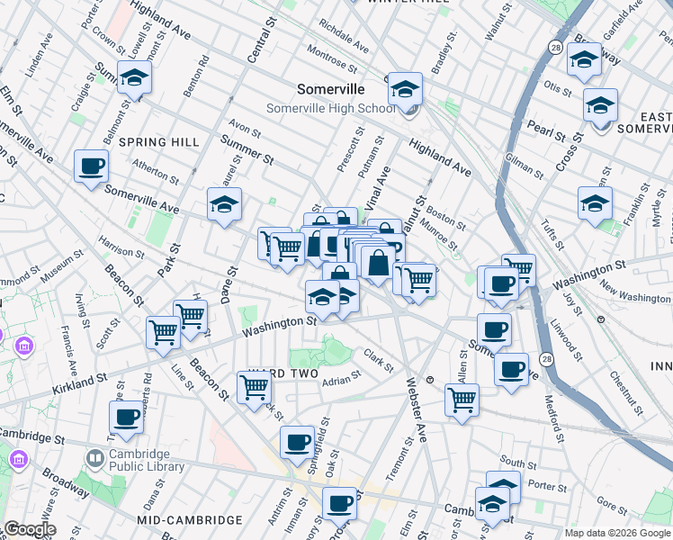 map of restaurants, bars, coffee shops, grocery stores, and more near 1 Bow Market Way in Somerville