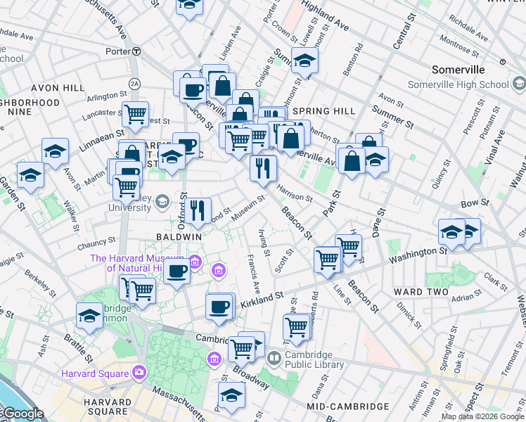 map of restaurants, bars, coffee shops, grocery stores, and more near 59 Francis Avenue in Cambridge