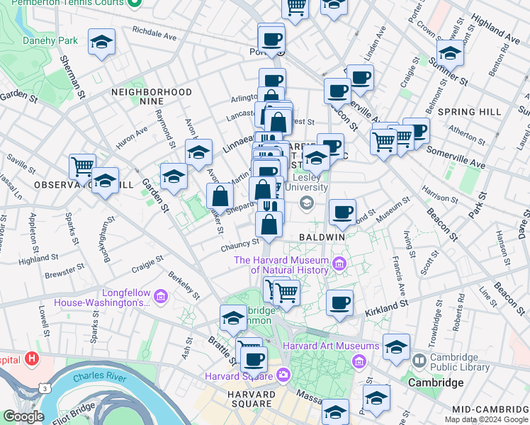 map of restaurants, bars, coffee shops, grocery stores, and more near 1637 Massachusetts Avenue in Cambridge