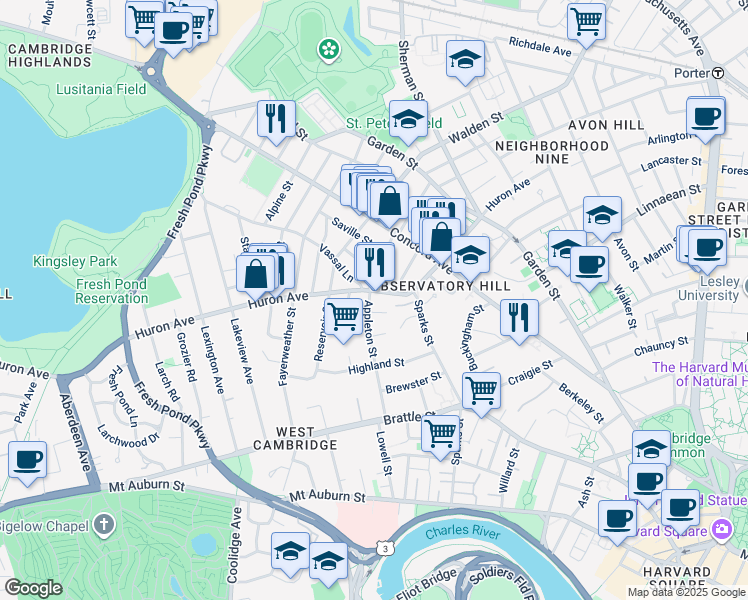 map of restaurants, bars, coffee shops, grocery stores, and more near 127 Appleton Street in Cambridge