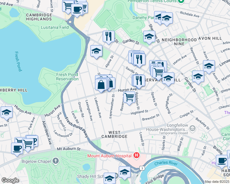 map of restaurants, bars, coffee shops, grocery stores, and more near 75 Fayerweather Street in Cambridge