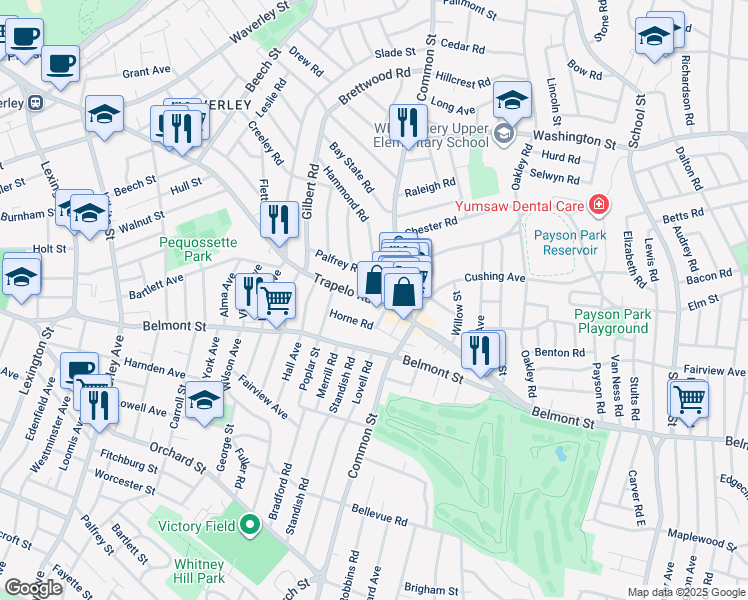 map of restaurants, bars, coffee shops, grocery stores, and more near 144 Trapelo Road in Belmont