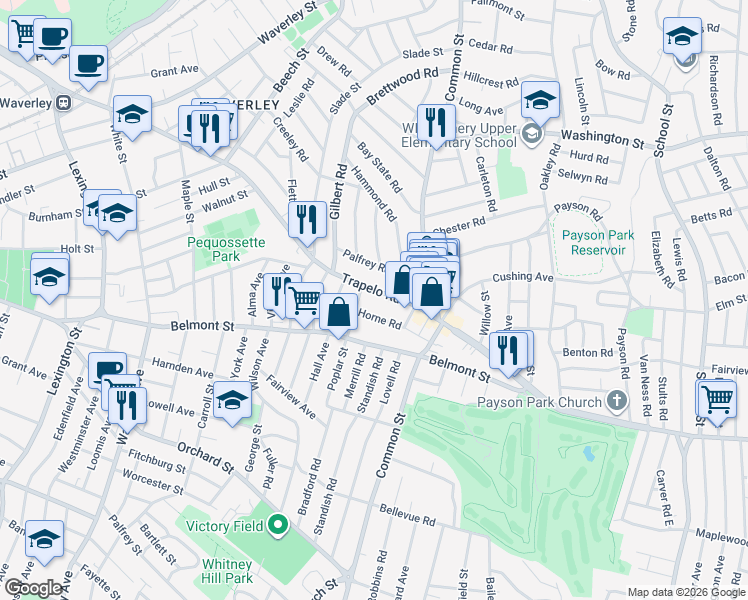 map of restaurants, bars, coffee shops, grocery stores, and more near 20 Poplar Street in Belmont