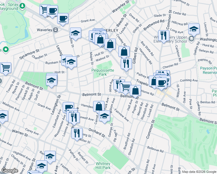 map of restaurants, bars, coffee shops, grocery stores, and more near 48 Alma Avenue in Belmont