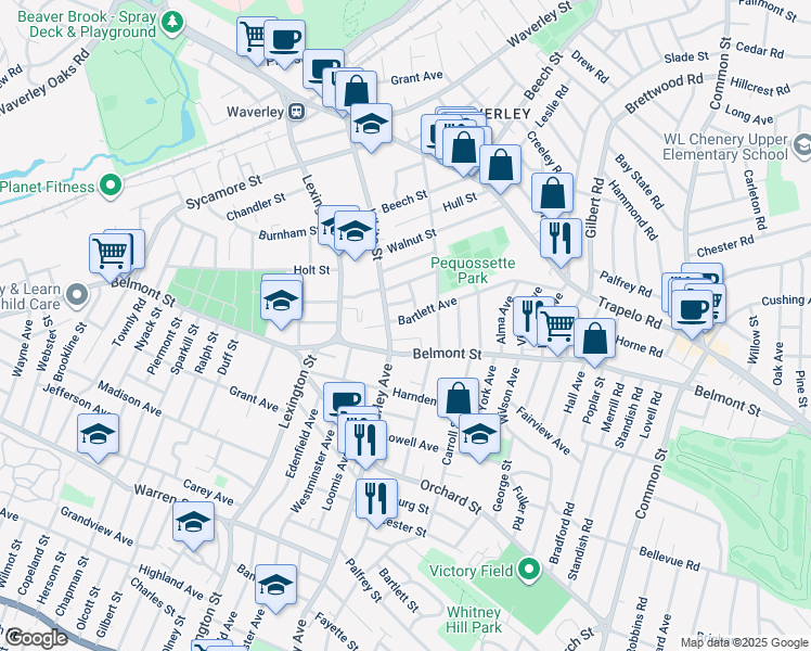 map of restaurants, bars, coffee shops, grocery stores, and more near in Belmont