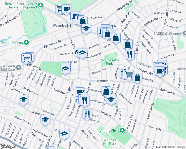 map of restaurants, bars, coffee shops, grocery stores, and more near in Belmont