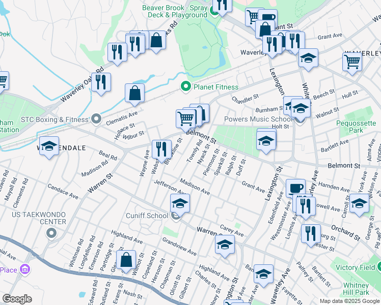 map of restaurants, bars, coffee shops, grocery stores, and more near 40 Townly Road in Watertown
