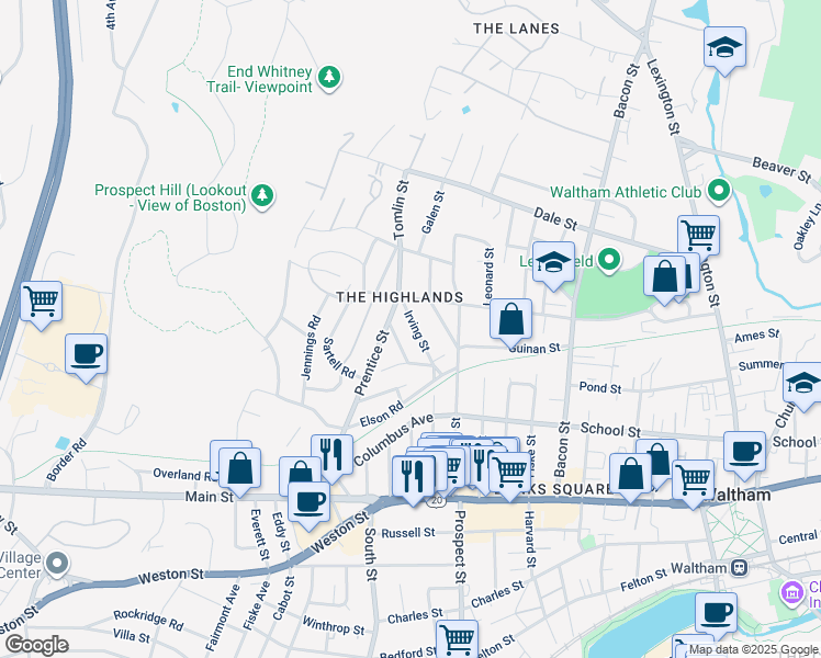 map of restaurants, bars, coffee shops, grocery stores, and more near 69 Irving Street in Waltham