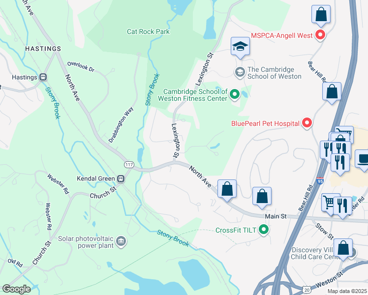 map of restaurants, bars, coffee shops, grocery stores, and more near 4 Kendal Common Road in Weston