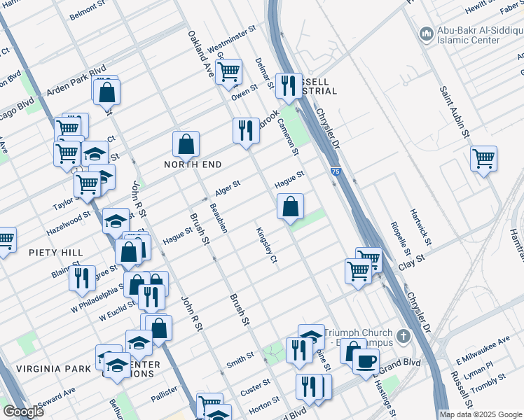 map of restaurants, bars, coffee shops, grocery stores, and more near 654 East Philadelphia Street in Detroit