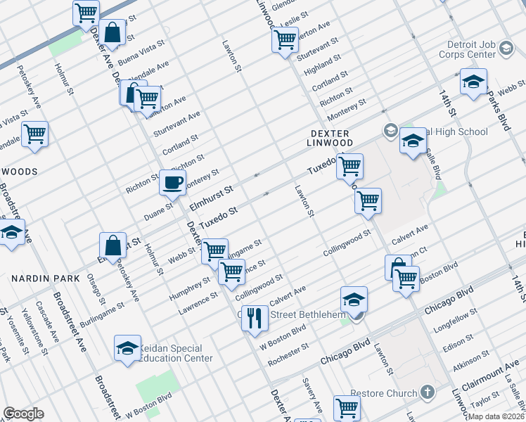 map of restaurants, bars, coffee shops, grocery stores, and more near 3210 Webb Street in Detroit