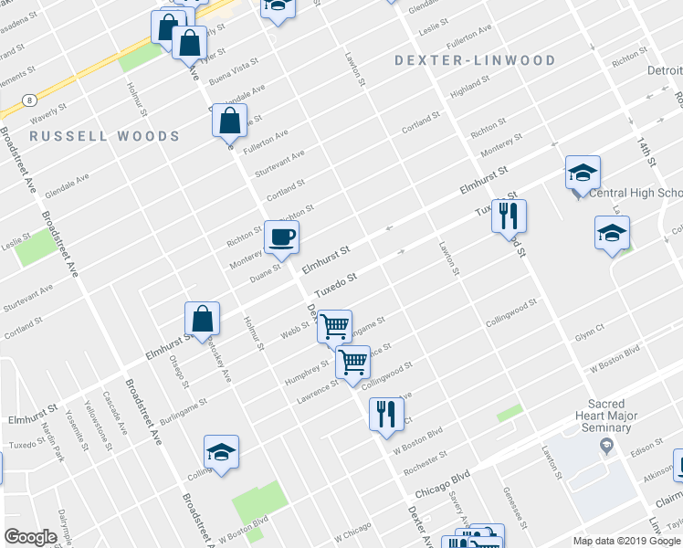 map of restaurants, bars, coffee shops, grocery stores, and more near 3285 Tuxedo Street in Detroit