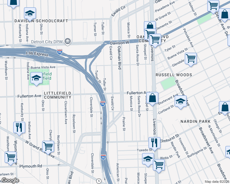 map of restaurants, bars, coffee shops, grocery stores, and more near 7501 Fullerton Avenue in Detroit