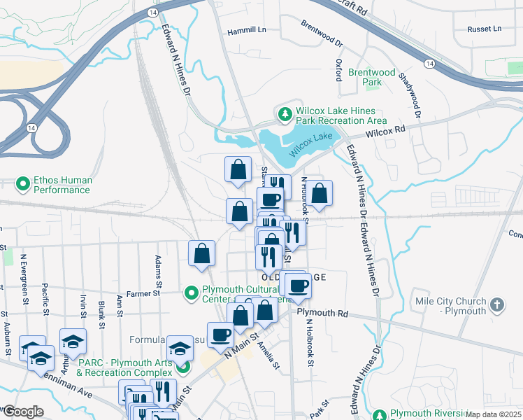 map of restaurants, bars, coffee shops, grocery stores, and more near 297 West Pearl Street in Plymouth