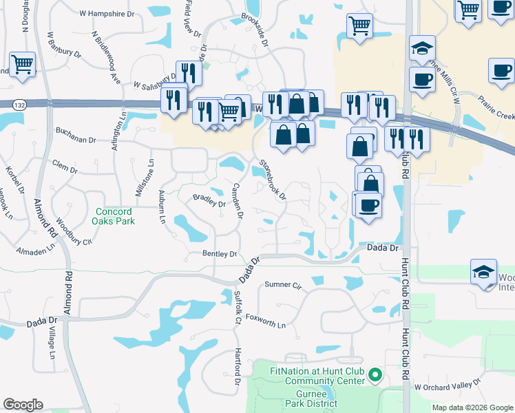 map of restaurants, bars, coffee shops, grocery stores, and more near 6840 Chesapeake Court in Gurnee