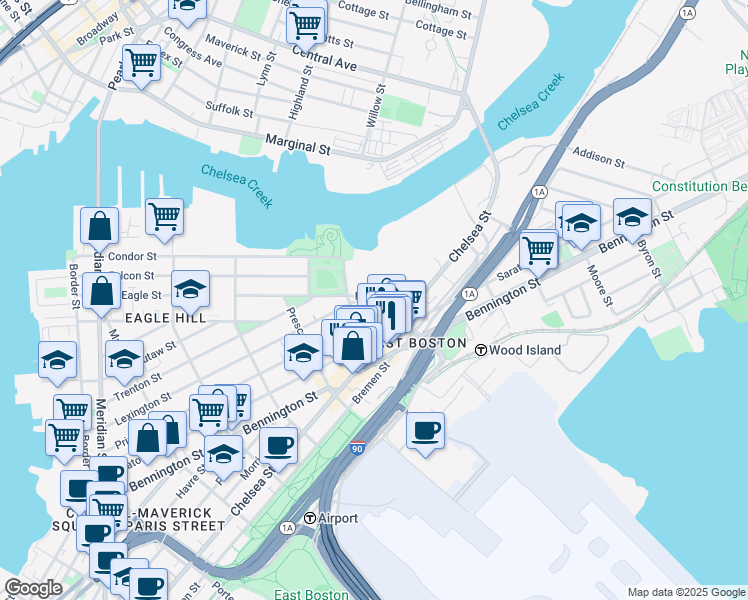 map of restaurants, bars, coffee shops, grocery stores, and more near 329 East Eagle Street in Boston