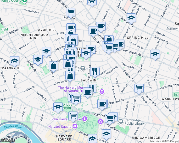 map of restaurants, bars, coffee shops, grocery stores, and more near Oxford Street in Cambridge