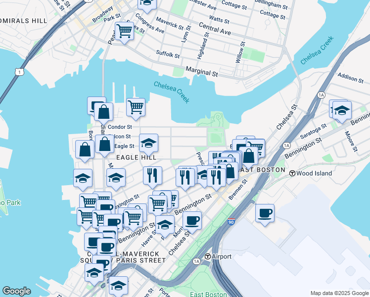 map of restaurants, bars, coffee shops, grocery stores, and more near 217 East Eagle Street in Boston
