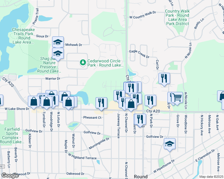 map of restaurants, bars, coffee shops, grocery stores, and more near 425 Meadow Green Lane in Round Lake Beach
