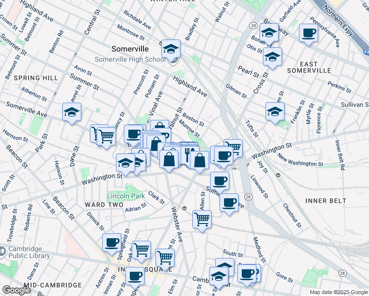 map of restaurants, bars, coffee shops, grocery stores, and more near 48 Stone Avenue in Somerville