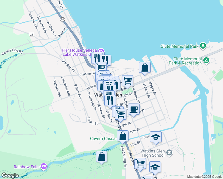 map of restaurants, bars, coffee shops, grocery stores, and more near in Watkins Glen