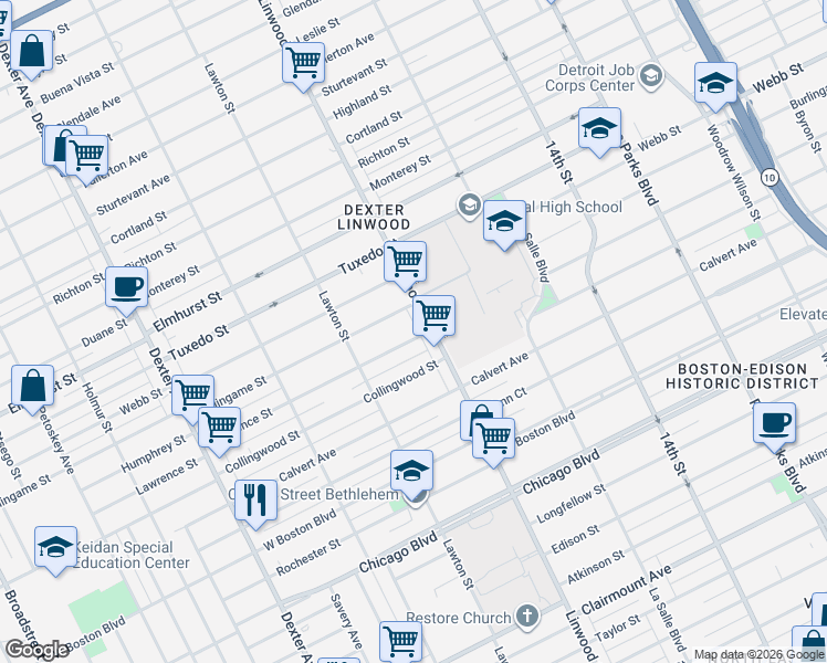 map of restaurants, bars, coffee shops, grocery stores, and more near 2650 Lawrence Street in Detroit