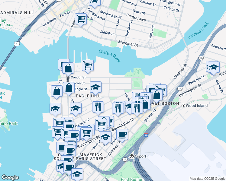 map of restaurants, bars, coffee shops, grocery stores, and more near 217 East Eagle Street in Boston