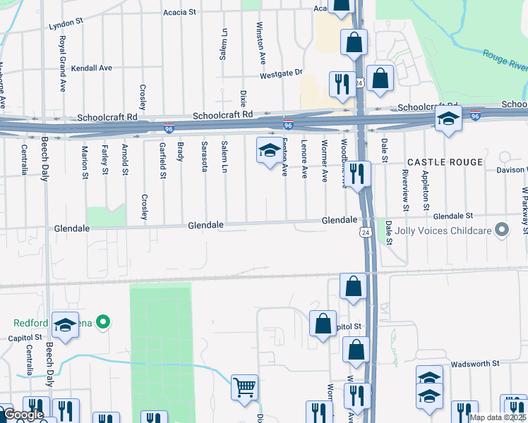 map of restaurants, bars, coffee shops, grocery stores, and more near 12800 Winston in Redford Charter Township