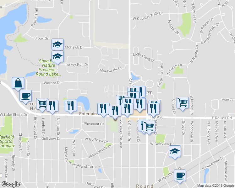 map of restaurants, bars, coffee shops, grocery stores, and more near 441 Meadow Green Lane in Round Lake Beach