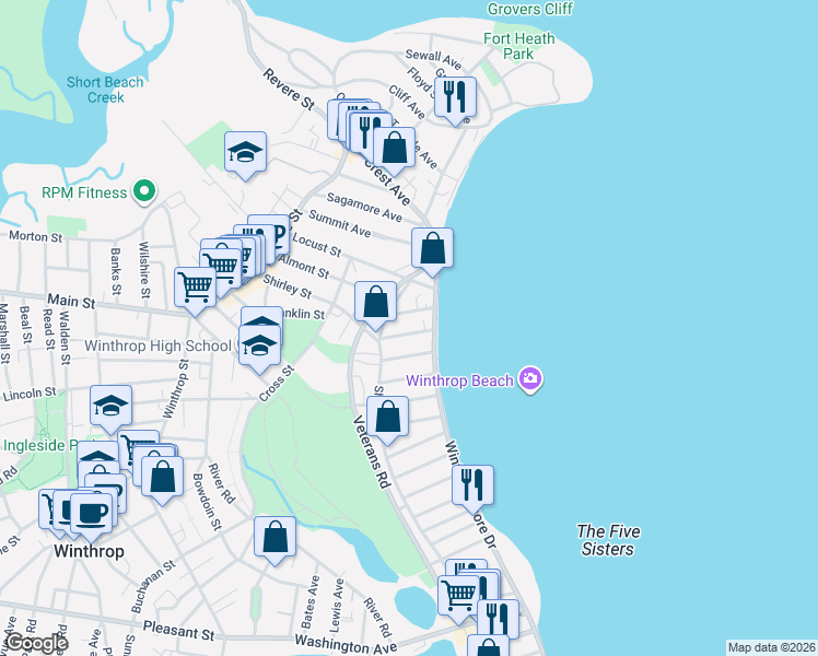 map of restaurants, bars, coffee shops, grocery stores, and more near 21 Hawthorn Avenue in Winthrop