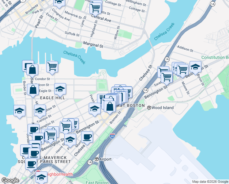 map of restaurants, bars, coffee shops, grocery stores, and more near 8 Shelby Street in Boston