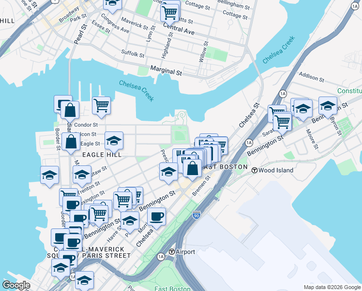 map of restaurants, bars, coffee shops, grocery stores, and more near 286 Lexington Street in Boston
