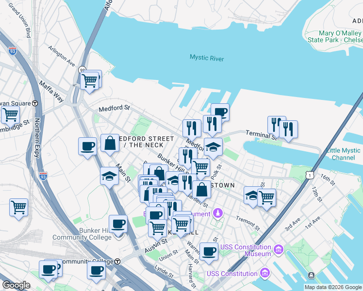 map of restaurants, bars, coffee shops, grocery stores, and more near 16 Hill Street in Boston