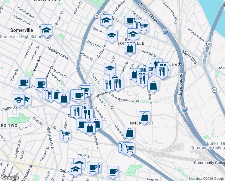 map of restaurants, bars, coffee shops, grocery stores, and more near in Somerville