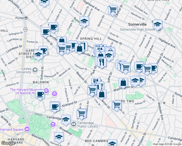 map of restaurants, bars, coffee shops, grocery stores, and more near 54 Park Street in Somerville