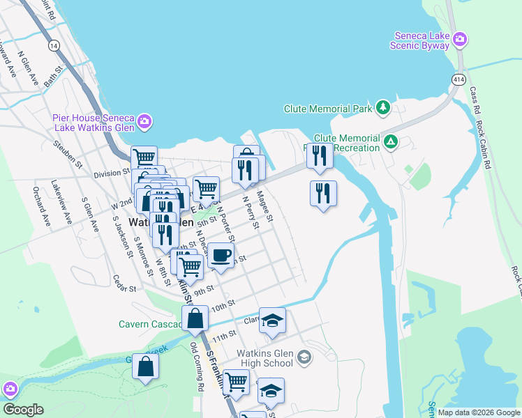 map of restaurants, bars, coffee shops, grocery stores, and more near 402 6th St in Watkins Glen