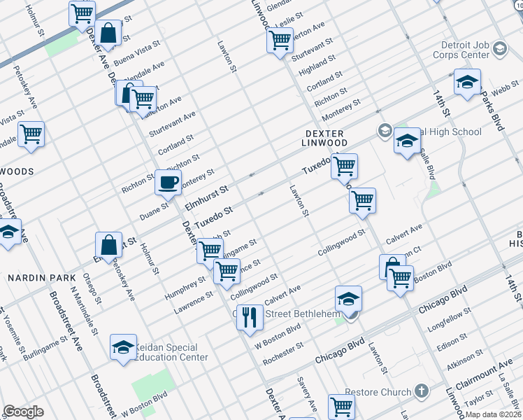 map of restaurants, bars, coffee shops, grocery stores, and more near 3003 Webb Street in Detroit