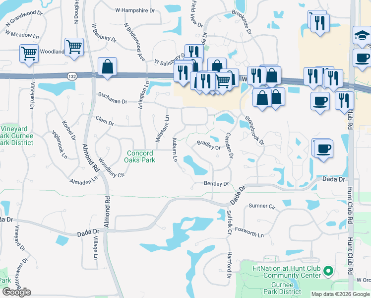 map of restaurants, bars, coffee shops, grocery stores, and more near 1491 Auburn Lane in Gurnee