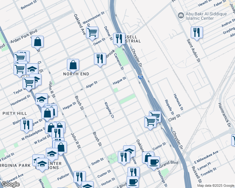 map of restaurants, bars, coffee shops, grocery stores, and more near 910 East Philadelphia Street in Detroit