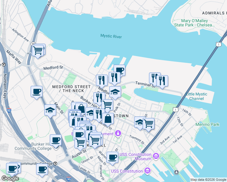 map of restaurants, bars, coffee shops, grocery stores, and more near 2 Terminal Street in Boston