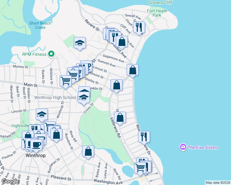 map of restaurants, bars, coffee shops, grocery stores, and more near 55 Veterans Road in Winthrop