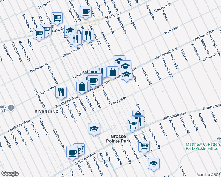 map of restaurants, bars, coffee shops, grocery stores, and more near 1157 Beaconsfield Avenue in Grosse Pointe Park
