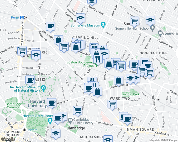 map of restaurants, bars, coffee shops, grocery stores, and more near Park Street & Ivaloo Street in Somerville